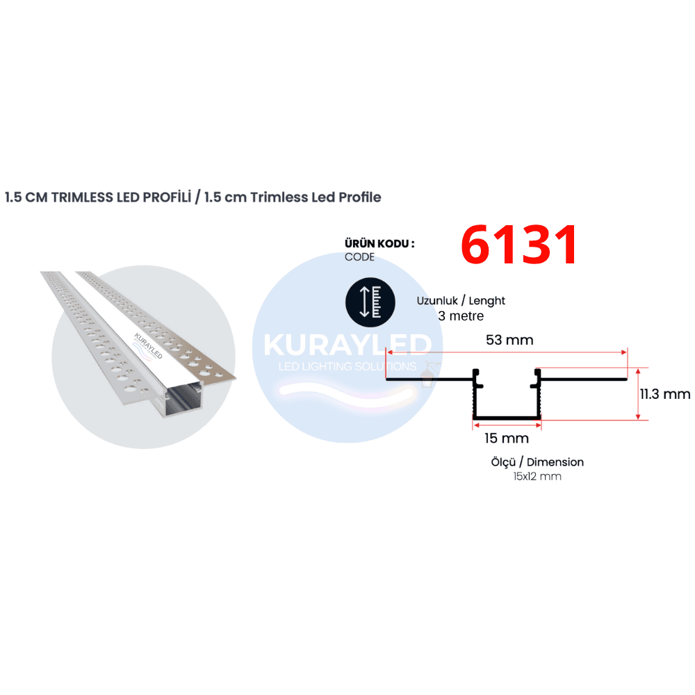 6131 1,5 cm Trimless LED Profili 15x12mm | 3 Metre Alçıpan Gömme