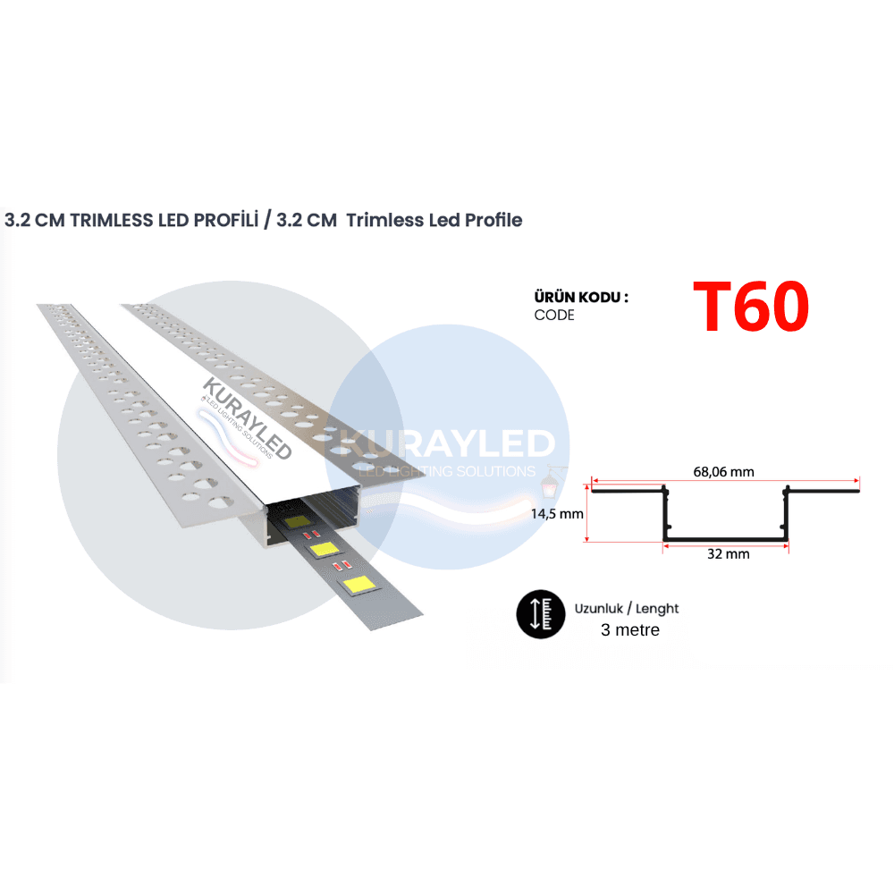 T60 3,2 cm Trimless LED Profili 32x14,5mm | 3 Metre Alçıpan Gömme