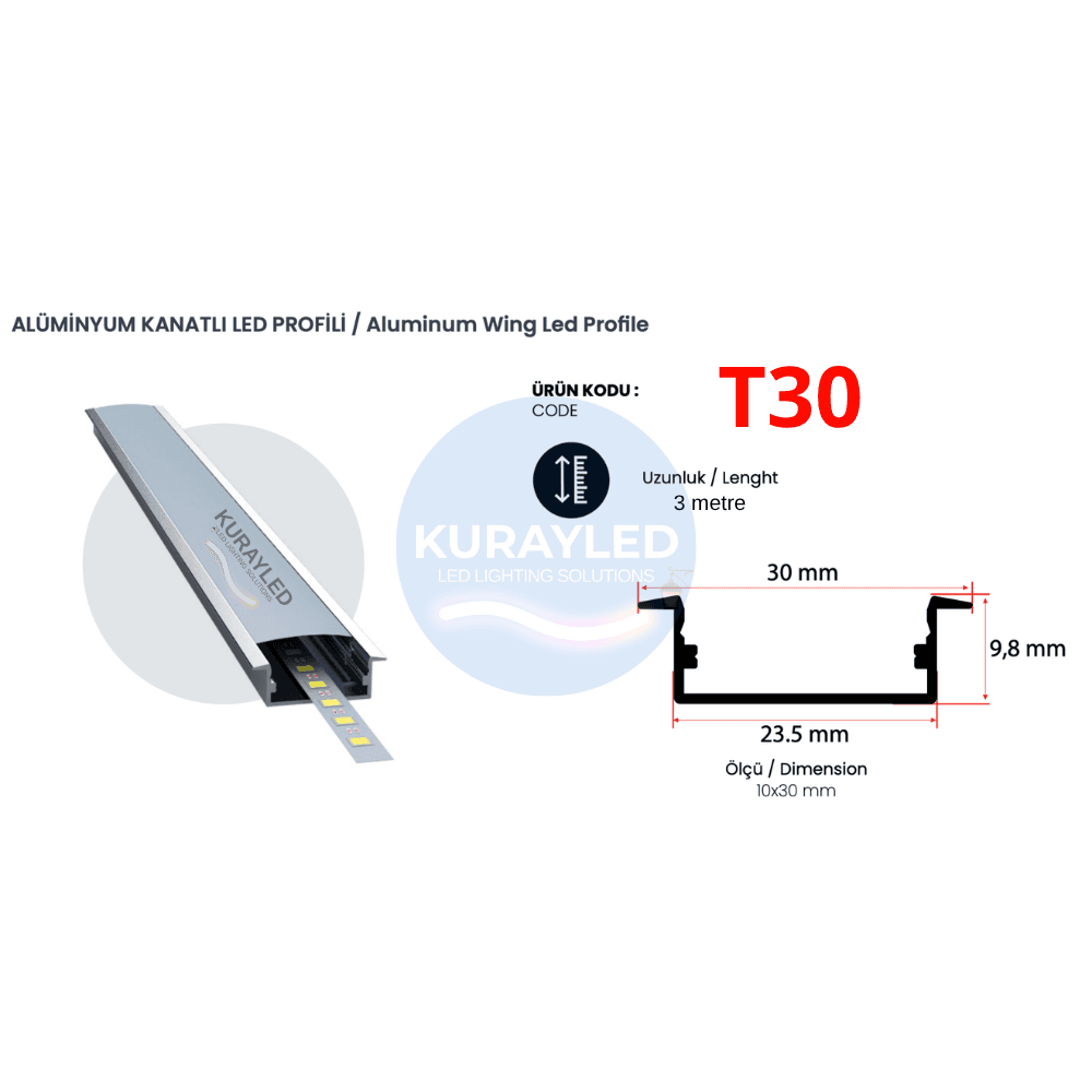 T30 Alüminyum Kanatlı LED Profili 30x10mm | 3 Metre Sıva Üstü