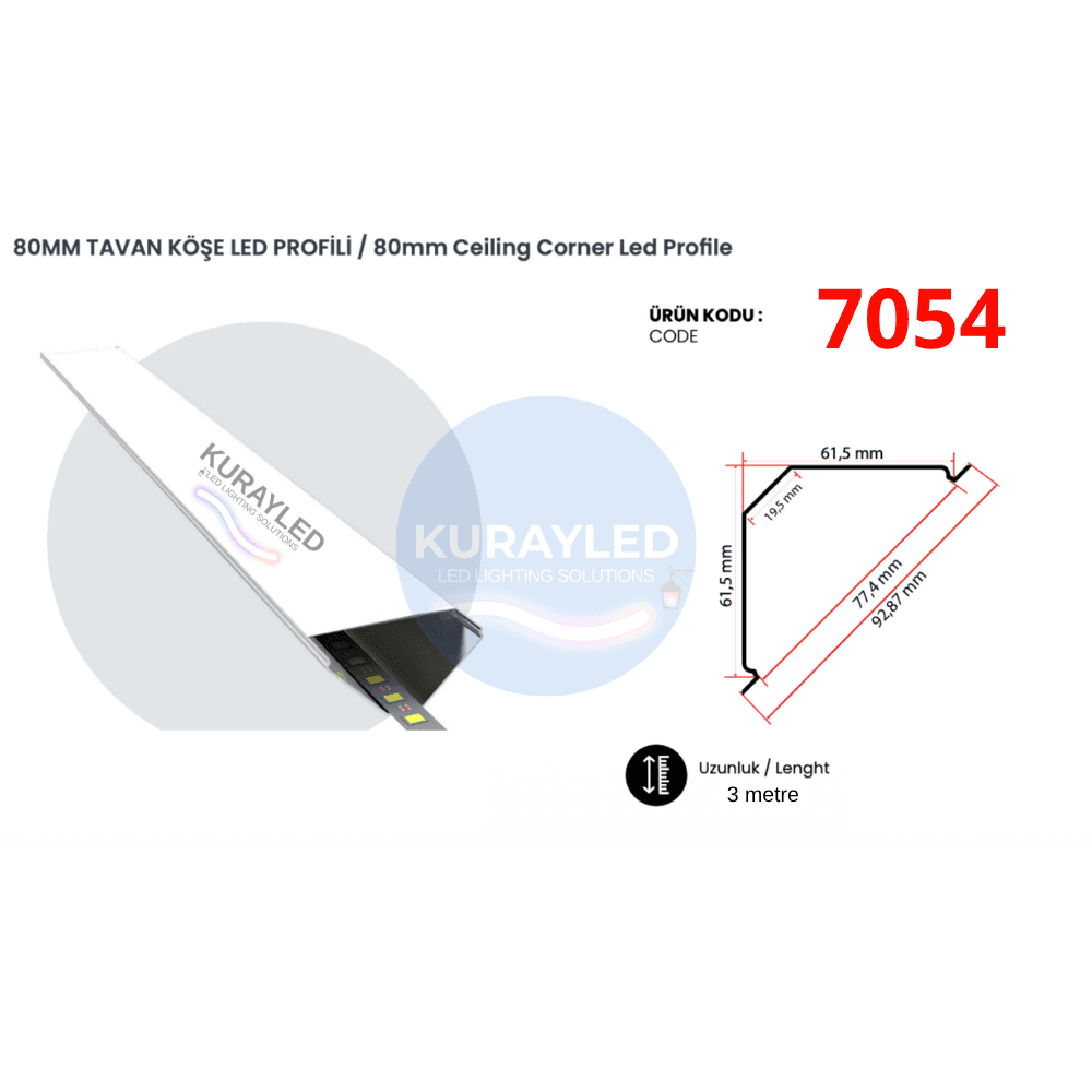 7054 80mm Tavan Köşe LED Profili | 3 Metre Alüminyum Korniş