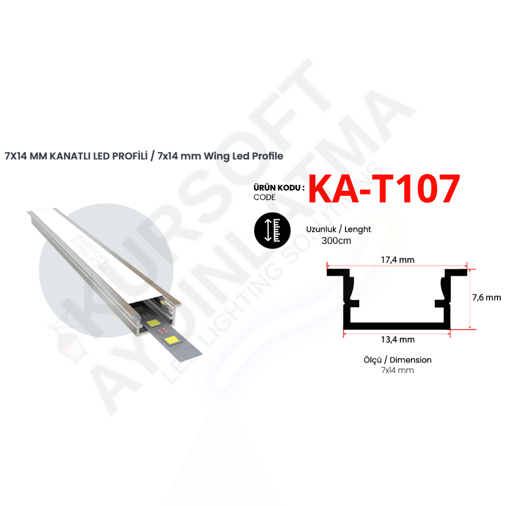 KA-T107 Alüminyum Kanatlı LED Profili – 13,4x7,6 mm | 3 Metre | Şerit LED Kanalı