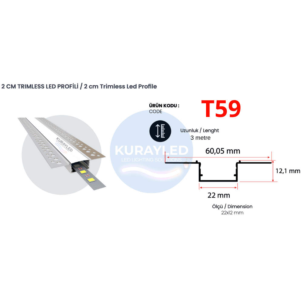 T59 2 cm Trimless LED Profili 22x12mm | 3 Metre Alçıpan Gömme