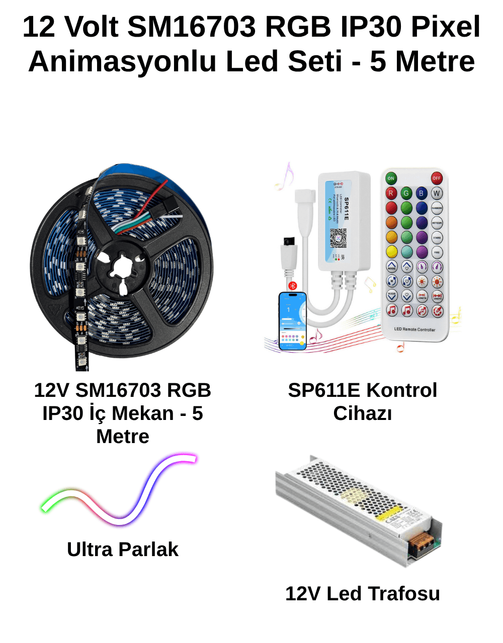 SM16703 RGB Pixel LED Seti | SP611E Pixel LED Kontrolcü + 12V Güç Kaynağı 5-20M