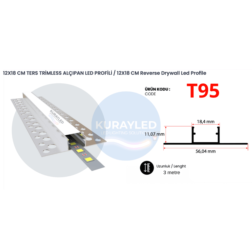 T95 Ters Trimless LED Profili Alçıpan Gömme | 18x12mm 3 Metre