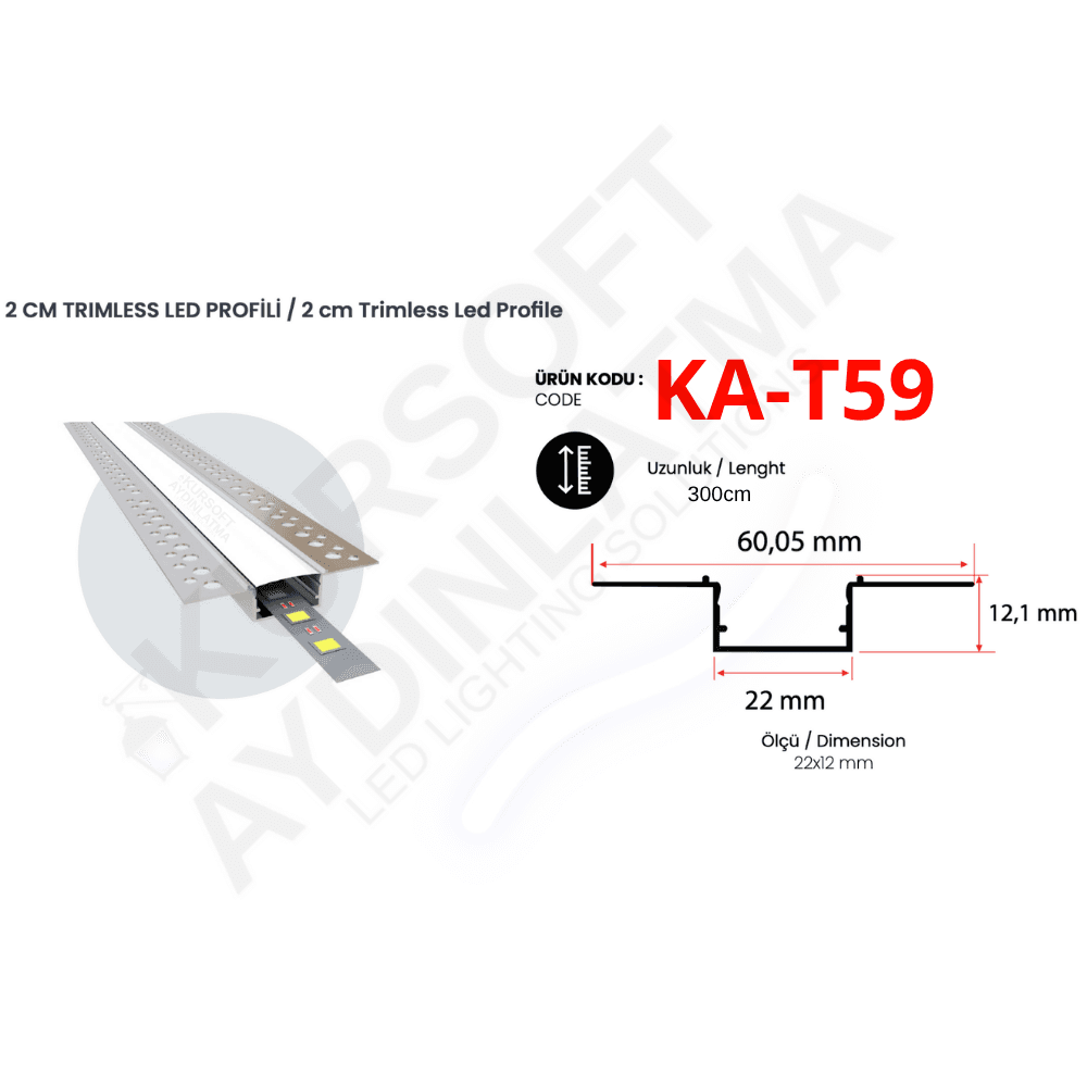KA-T59 Trimless Alüminyum LED Profili – 22x12 mm | 3 Metre | Alçıpan Gömme