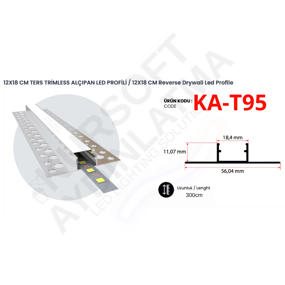 KA-T95 Trimless Alüminyum LED Profili – 12x18 mm | 3 Metre | Ters Gömme Alçıpan