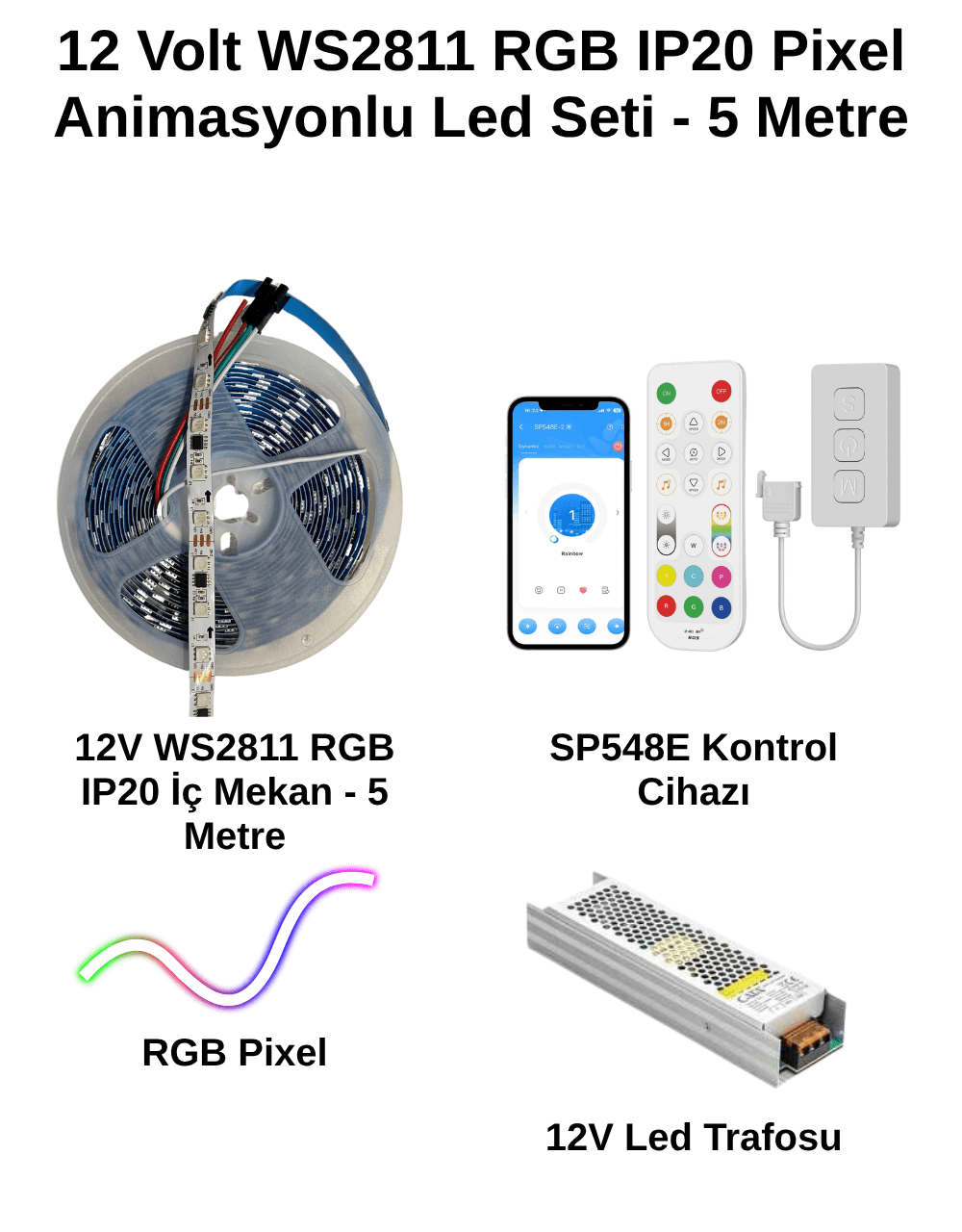 WS2811 IP20 RGB Pixel LED Seti | SP548E Wi-Fi Kontrolcü + 12V Güç Kaynağı | 5-20