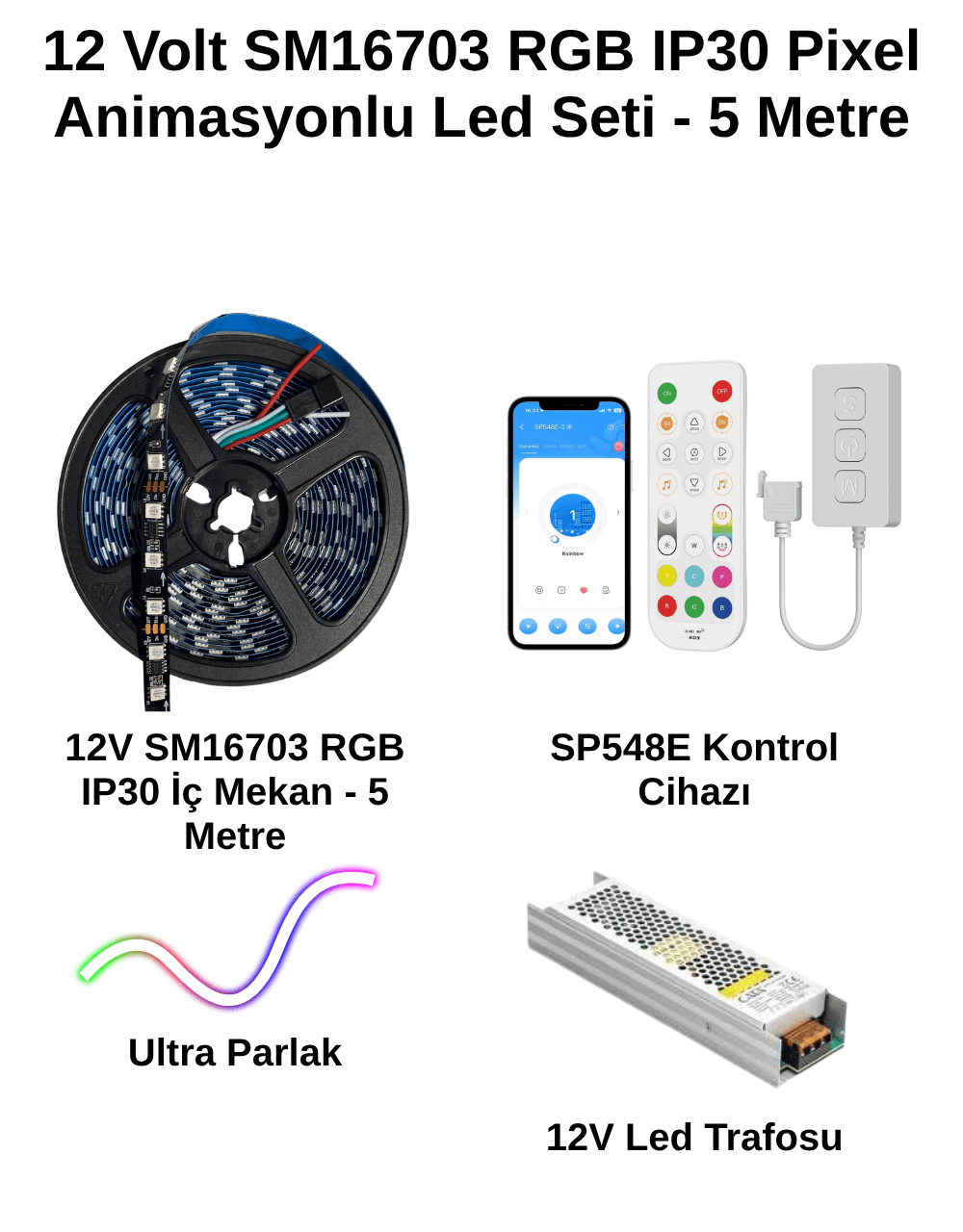 SM16703 RGB Pixel LED Seti | SP548E Wi-Fi Kontrolcü + 12V Güç Kaynağı | 5-20M