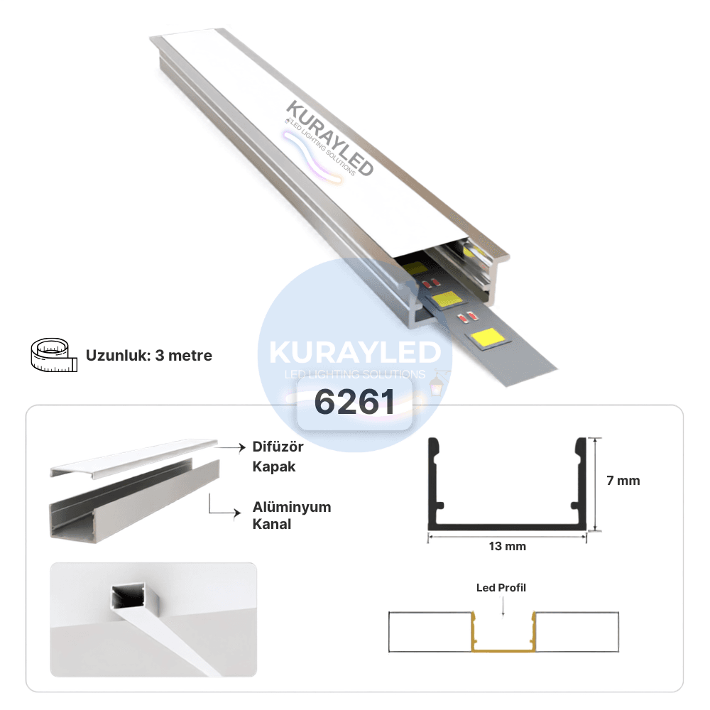 6261 - Mini LED Alüminyum Profili 13x7mm | 3 Metre Sıva Üstü