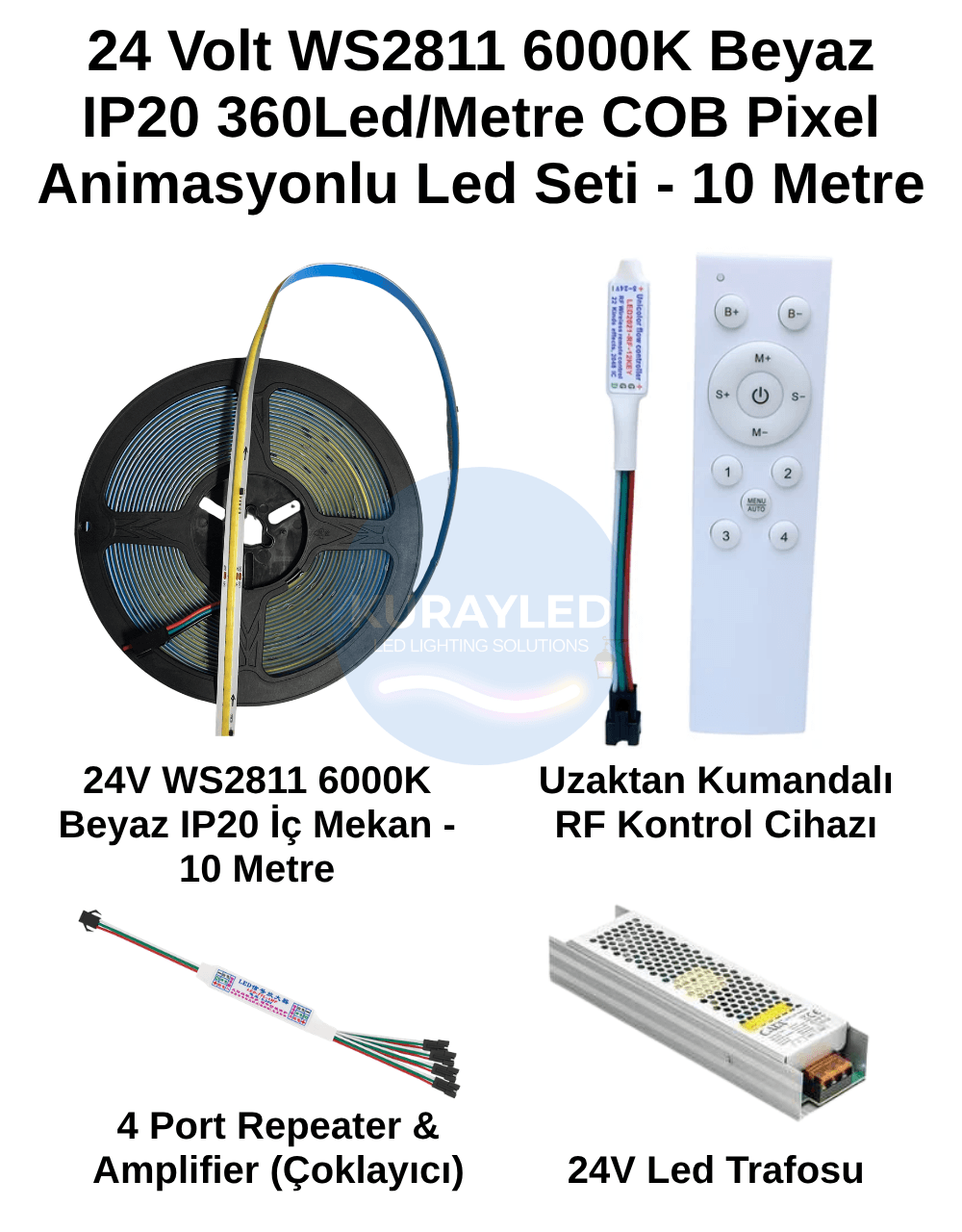 6000K COB Pixel LED Seti | 24V Beyaz Pixel LED + RF Kontrolcü + 4'lü Repeater