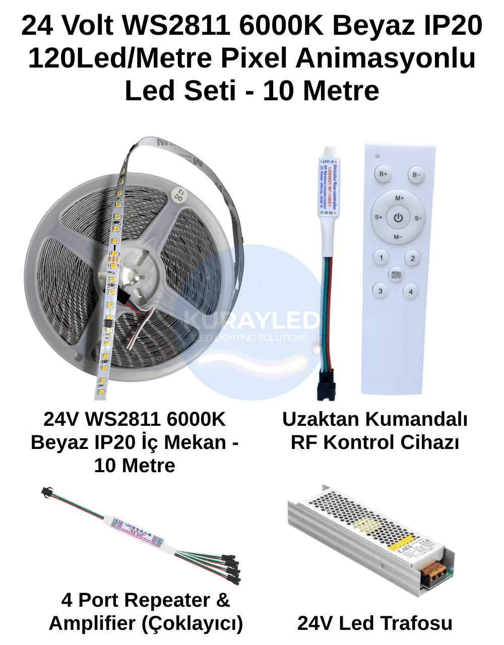 WS2811 6000K Pixel LED Seti | 24V 120 LED/m Beyaz Pixel LED + RF Kumanda + 4'lü