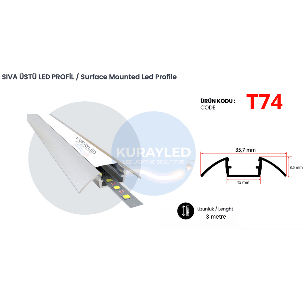 T74 Sıva Üstü LED Profili 15mm Kanal | 3 Metre Kavisli Kapak