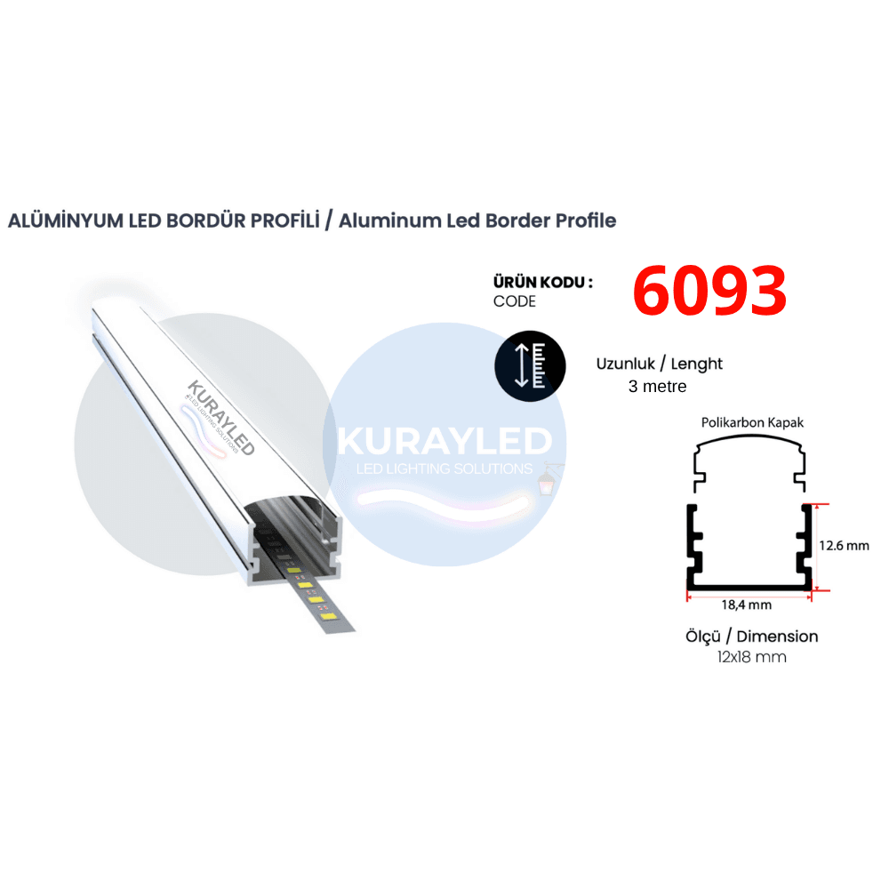 6093 Alüminyum LED Bordür Profili 12x18mm | 3 Metre Polikarbon Kapaklı
